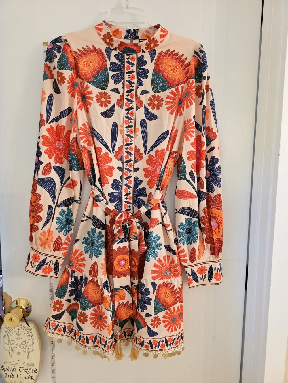 Floral Button-Front Long Sleeve Mini Dress with Waist Tie
